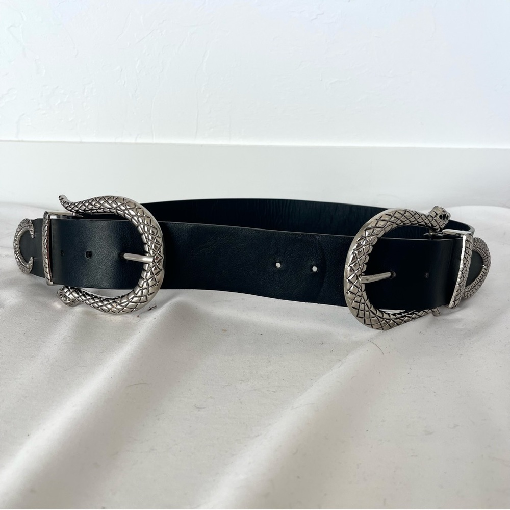 Fashion Nova Snake Reputation Black Silver Wide Faux Leather Double Buckle Belt - Picture 7 of 7